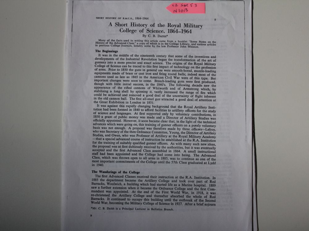 A Short History of the Royal military College of science 1864 - 1964