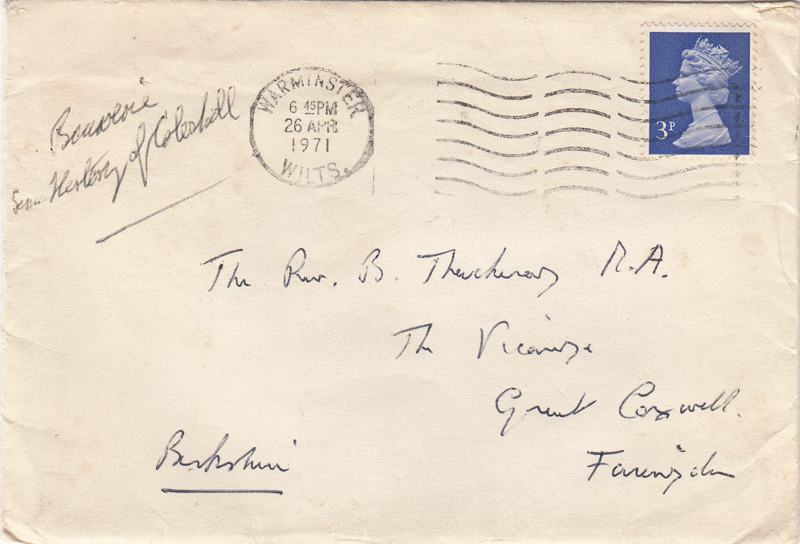 The envelope containing the letter she wrote too the Vicar of Great Coxwell