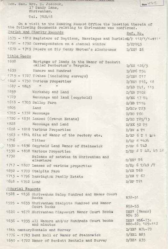 Documents concerning Shrivenham in the Berkshire Record Office