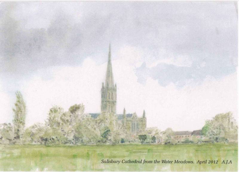 Front of the postcard - View of Salisbury Cathedral painted by Antony Alderson