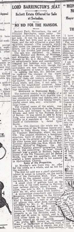 An article from the Swindon Advertiser newspaper dated 20-10-1922 covering the auction sale