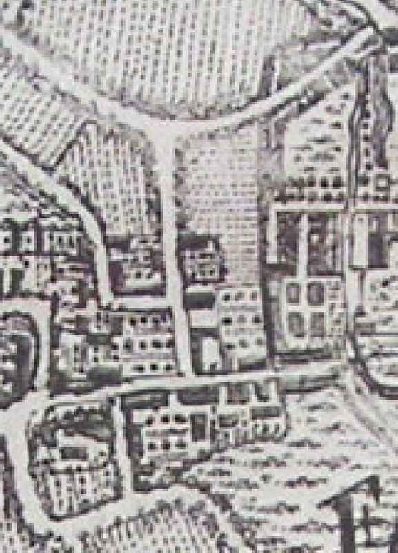The cottages shown in the centre of the picture on this clip from the John Rocque Map of 1761