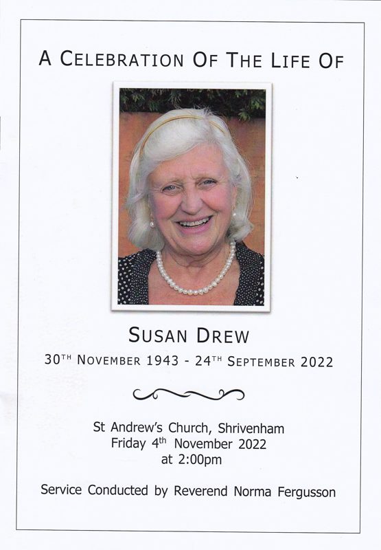 The Memorial Service booklet for the late Sue Drew