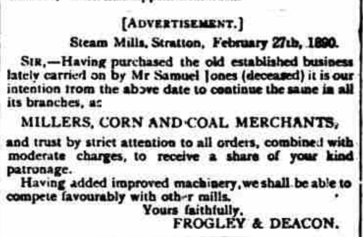 Advertisement showing that the mill is as from then powered by steam. Courtesy of the Swindon Advertiser & North Wilts Chronicle Sat 1 March, 1890