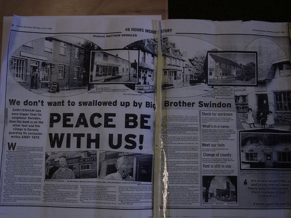 Newspaper cutting from Swindon Advertiser - Peace be with us!