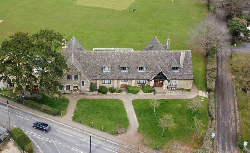 An aerial view of the Memorial Hall from the front