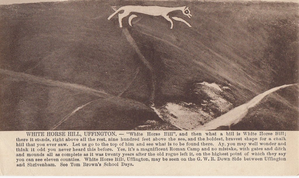 Postcard showing an aerial photo of the White Horse overlooking Uffington