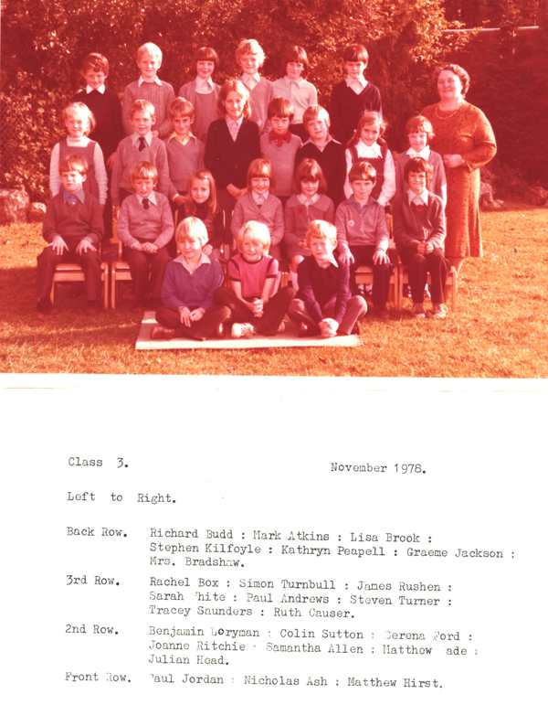 A school class from 1978. The Teacher is Mrs Bradshaw