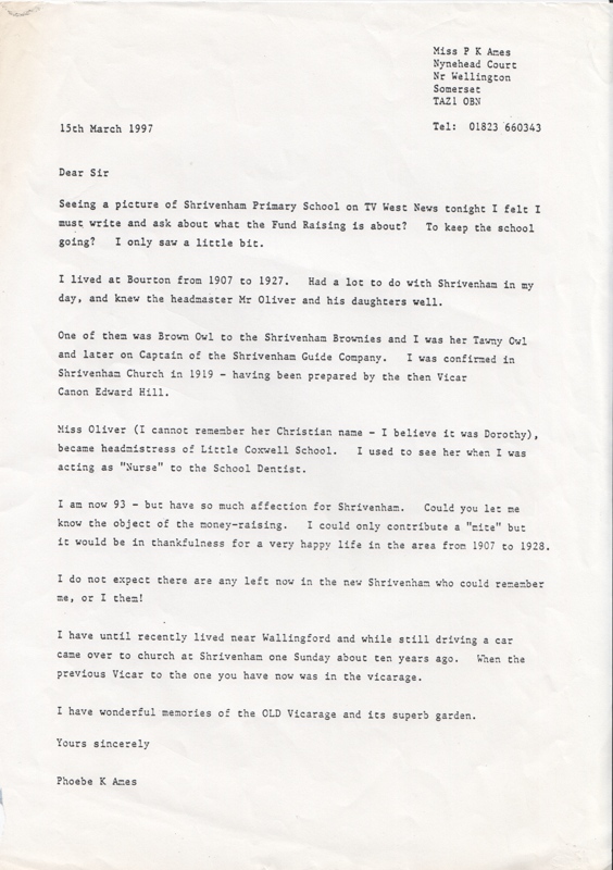 The first letter from Phoebe Ames to the school