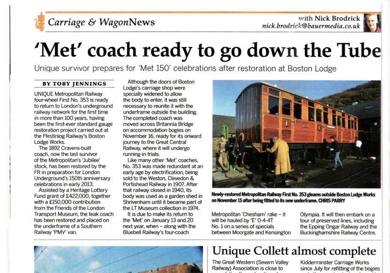 The article contained in the Carriage & Wagon News, dated Jan 2013, issue 409