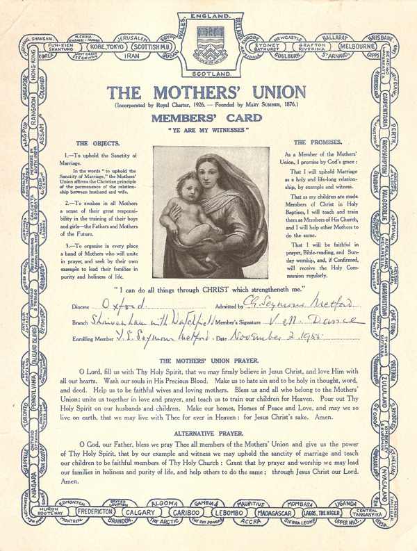 Mother's Union membership card