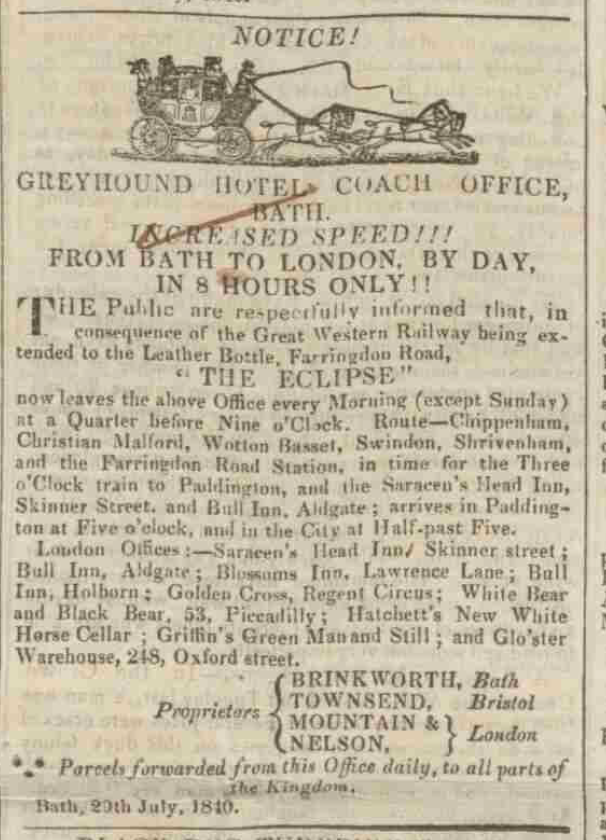Increased speed as advertised in the Bath Chronicle of 13/8/1840