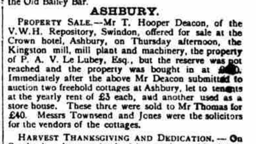 The Auction reserve was not met. Swindon Advertiser Sat 30/9/1893