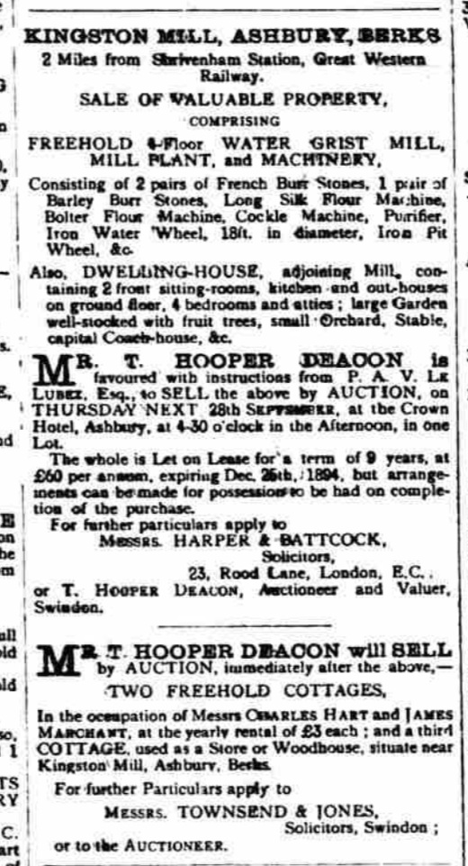 Advertisement detailing how the mill was equipped. Swindon Advertiser Sat 23/9/1893