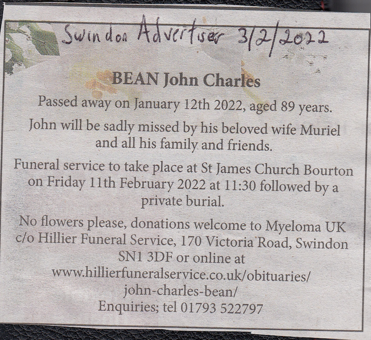 Newspaper obituary on the passing of John Bean