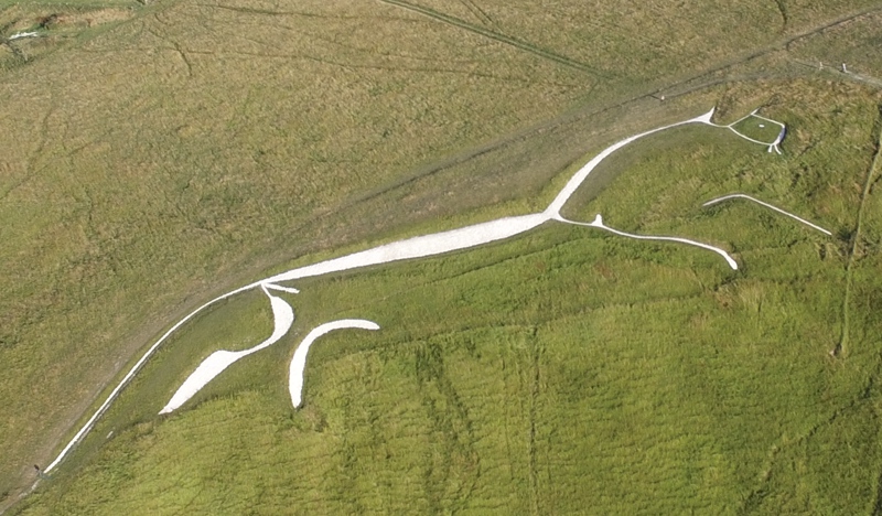 The White Horse at Uffington Downs carved cira 3300 BCE. An extract from a photo taken by Neil B. Maw