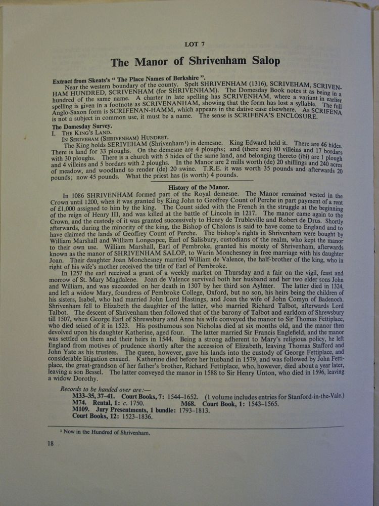 Auction of The Manor of Shrivenham Salop 1966