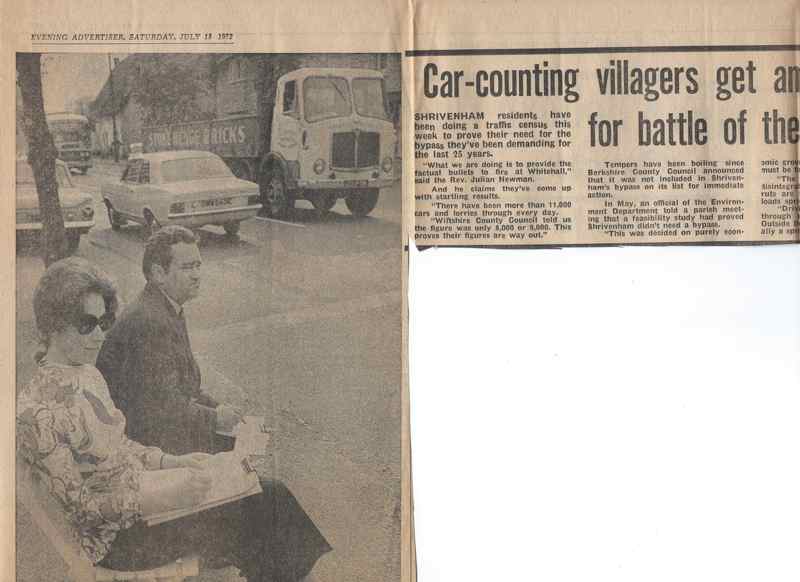 Newspaper article covering the villagers of Shrivenham recording the traffic flow through the village to strengthen the argument for a by-pass