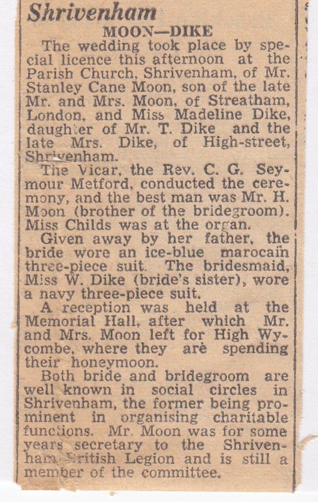 Newspaper article of the wedding
