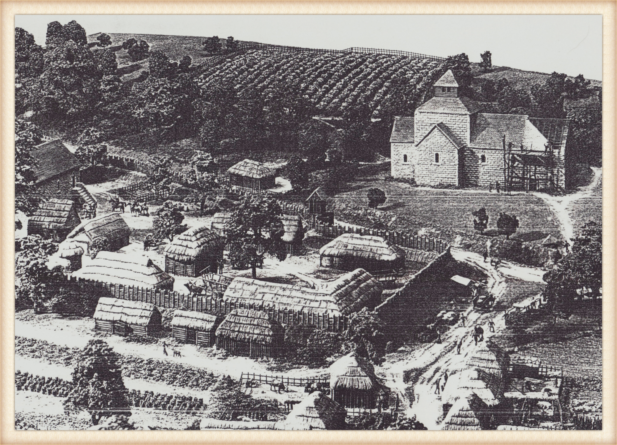 A sketch of an unknown settlement/village in the later Saxon period. Artist unknown