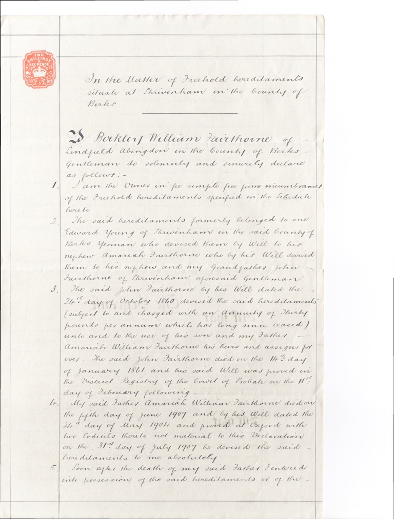 Declaration made by Berkely Fairthorne in 1912 as to the validity of his Shrivenham Estate