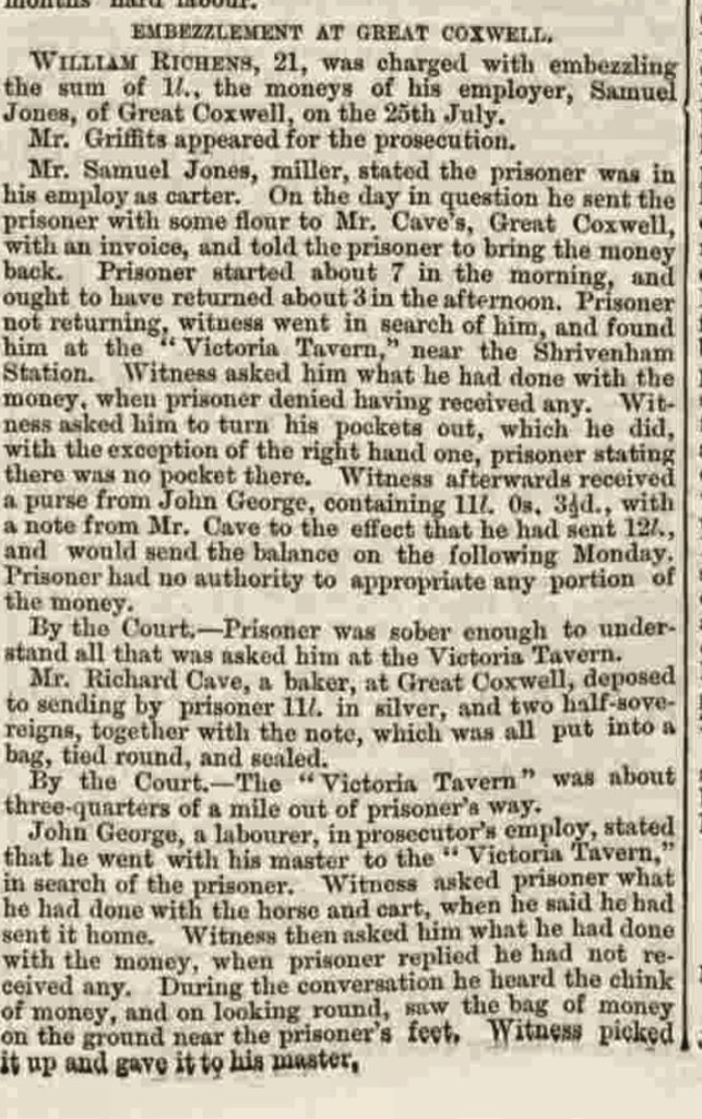 The article concerning the employee of Stratton Mill. Reading Mercury & Oxford Gazette Sat 19 Oct, 1867