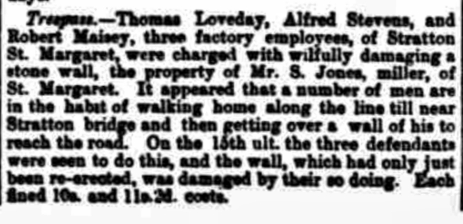 Article in the Witney Express of Thurs 13 Sept, 1877, describing the damage to all wall belonging to Mr Jones, the Miller 